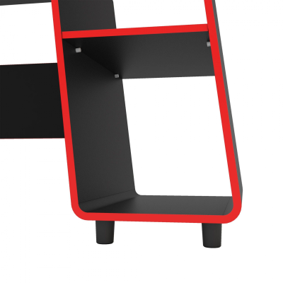 Móvel de arrumação preto e vermelho com prateleiras e pés