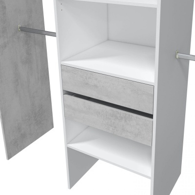 Armário modular branco com duas gavetas cinzentas e prateleiras