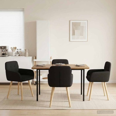 Mesa de jantar de madeira com quatro cadeiras pretas estofadas, tapete bege e armário branco em ambiente minimalista