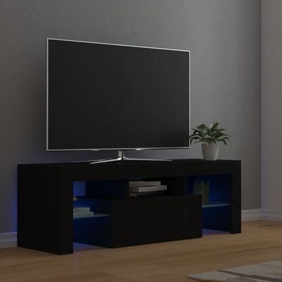 Móvel televisão preto com iluminação azul, TV de ecrã plano e planta em vaso branco