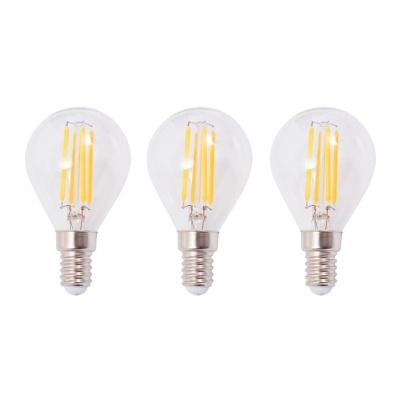 Três lâmpadas LED com filamentos amarelos e base metálica prateada