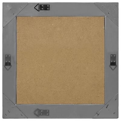 Moldura quadrada cinza vista de trás com suportes metálicos e painel de madeira