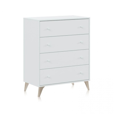 Cômoda branca com quatro gavetas e pernas de madeira clara
