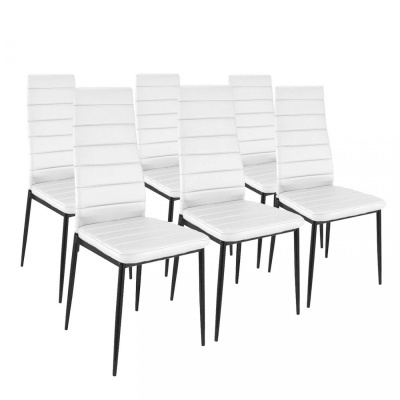 Seis cadeiras brancas com pernas pretas e estofado de pele sintética
