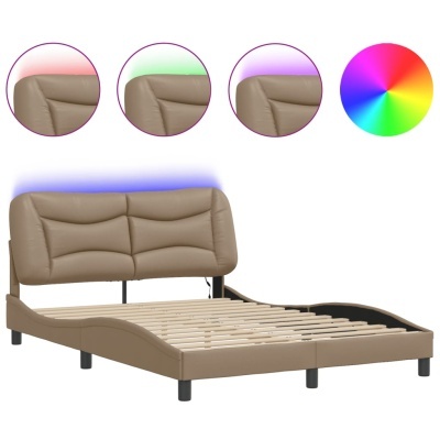 Cama estofada bege com cabeceira acolchoada e luz LED colorida ajustável
