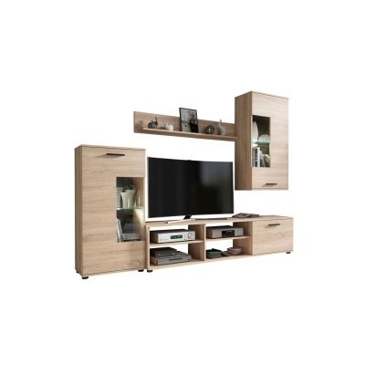 Conjunto de móveis para sala com TV, estantes e armários em madeira clara