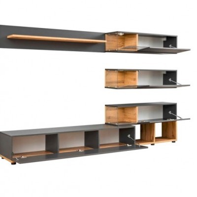 Conjunto de móveis de parede e chão modernos em cinza e carvalho
