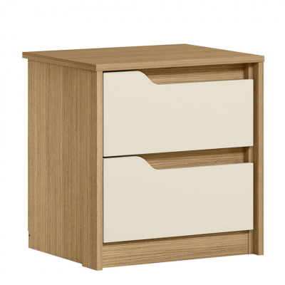 Mesa de cabeceira de madeira castanho claro com dois gavetões brancos