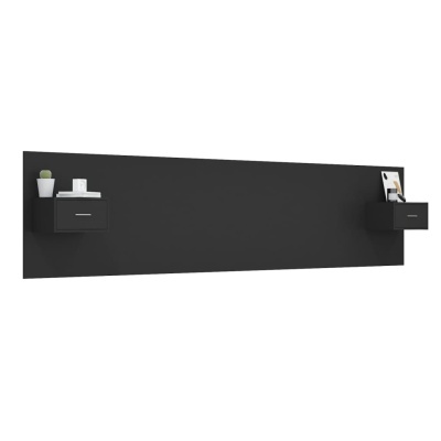 Painel de parede preto com duas pequenas prateleiras laterais e gavetas