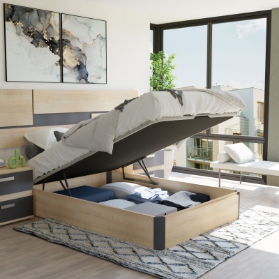 Cama com base elevatória aberta mostrando espaço de arrumação