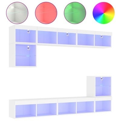 móvel de televisão modular branco com portas acrílicas azuis e fechaduras