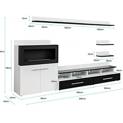 Móvel de sala branco e preto com prateleiras e armários e medidas indicadas