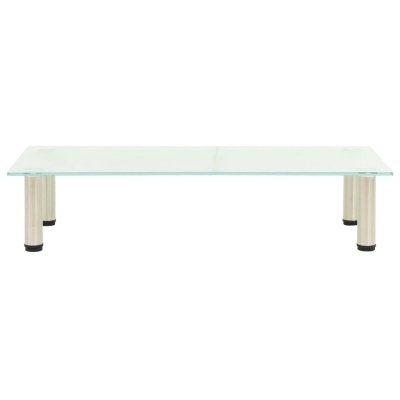 Mesa de vidro com pernas metálicas prateadas e bases pretas