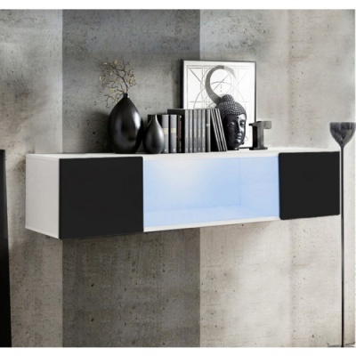 Móvel de parede suspenso com iluminação interior azul e decoração moderna