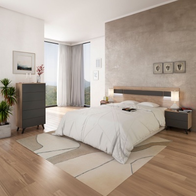 Quarto moderno com cama de casal, móveis cinzentos, tapete bege e cinza, paredes brancas e cinza, piso em madeira clara