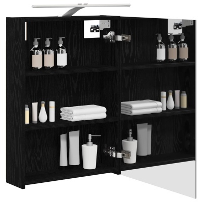 Armário de casa de banho preto com prateleiras e porta de espelho, contendo toalhas e frascos cosméticos