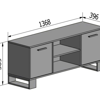 Móvel de apoio cinza com duas portas e prateleiras, medidas indicadas