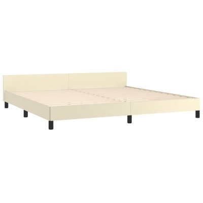 Cama de casal bege com ripas de madeira e pés pretos