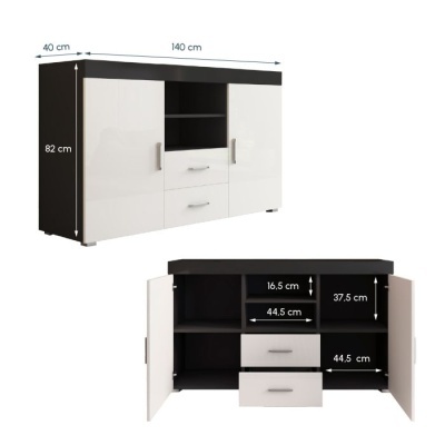 Móvel de arrumação preto e branco com portas, gavetas e prateleiras, medidas indicadas.