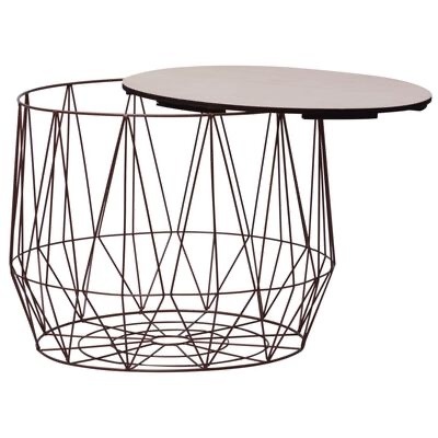 Mesa de centro com estrutura metálica preta e tampo redondo de madeira clara