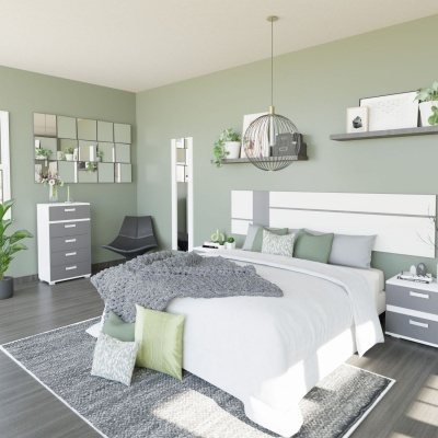Quarto moderno com cama branca, paredes verdes e mobiliário cinza