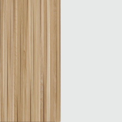 Painel decorativo em madeira com lâminas verticais de tom claro