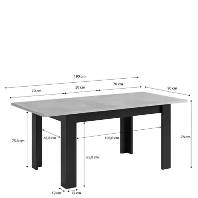 Mesa retangular cinza e preta com dimensões em cm