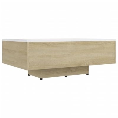 Mesa de centro quadrada em madeira clara com base elevada