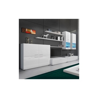 Conjunto de móveis de sala branco brilhante com armário, prateleiras, armário de vidro decorado e televisão