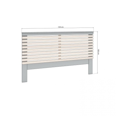 Cabeceira de cama cinza com ripas de madeira clara e medidas indicadas.