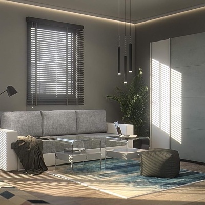 Sala de estar moderna com sofá cinza, mesa de vidro, tapete azul e armário branco