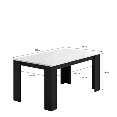 Mesa com tampo branco efeito mármore e pernas pretas, dimensões indicadas