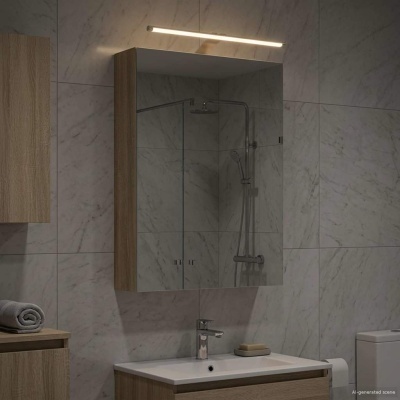Armário de casa de banho espelhado com estrutura de madeira clara e luz LED, lavatório branco com torneira cromada, parede de mármore cinzento