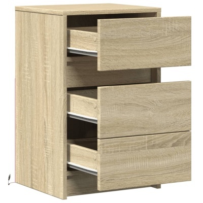 Cômoda de madeira clara com três gavetas e padrão carvalho claro