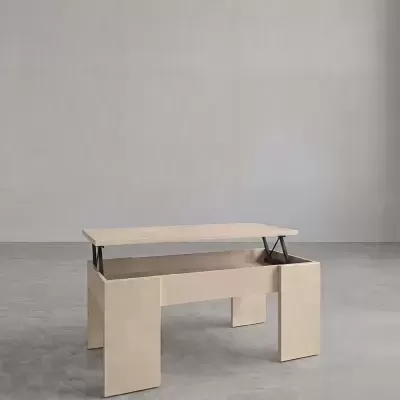 Mesa de centro bege com tampo elevatório em ambiente neutro cinzento
