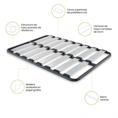 Estrutura metálica com lâminas curvas de madeira para cama