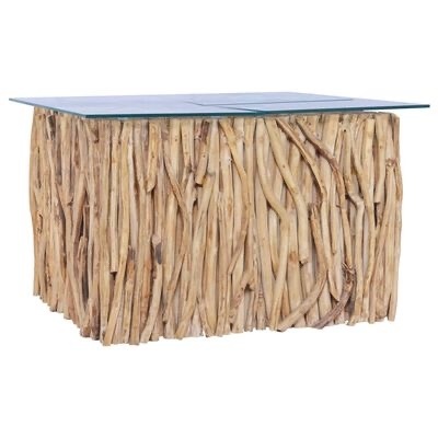 Mesa com base de ramos de madeira e tampo de vidro