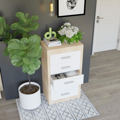 Cômoda pequena com três gavetas brancas, planta em vaso e decoração numa sala moderna