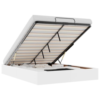 Cama branca com mecanismo articulado e espaço de arrumação