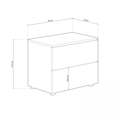 Móvel branco com duas gavetas e medidas em centímetros