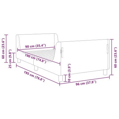 Ilustração técnica de cama individual com medidas em centímetros e polegadas