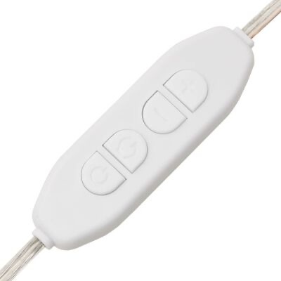 Controle remoto branco com três botões e cabo prateado