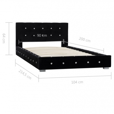 Cama de casal preta em veludo com botões decorativos e medidas indicadas.