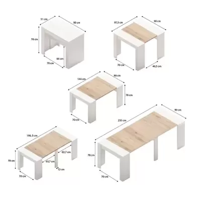 Mesa extensível com tampo branco e madeira clara em várias configurações e dimensões.