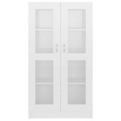 Armário branco de madeira com duas portas de vidro e puxadores metálicos