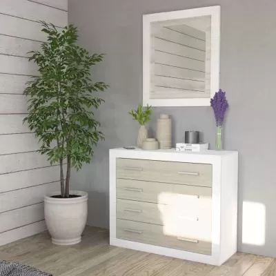Cômoda branca com gavetas claras, espelho, vasos decorativos e planta em vaso em sala com chão de madeira