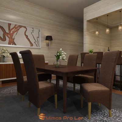 Conjunto de sala de jantar com mesa e seis cadeiras castanhas em ambiente interior moderno