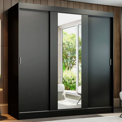 Roupeiro preto com espelho central e portas deslizantes num quarto moderno