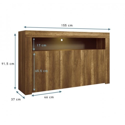 Móvel de madeira castanha com três portas e espaço aberto com luz