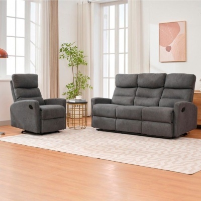 Conjunto de sofá cinza com poltrona reclinável numa sala iluminada